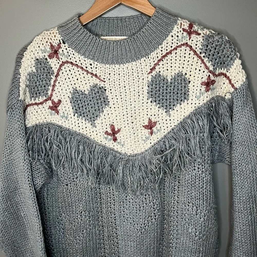 Huntington Ridge x Vintage 90s Knitted By Hand Heart Tassel Folk Sweater